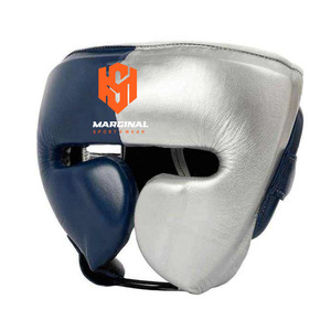 Custom New Marginal Boxing Gear Set Leather <b>Gloves</b> Headgear Groin Guard Blue <b>Silver</b> Logo Printed Martial Arts Training Equipment - Product Image 5