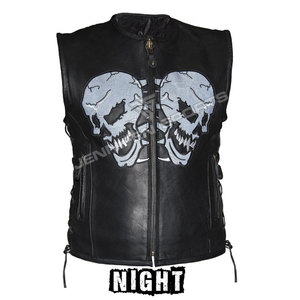Chaleco de cuero negro personalizado para hombre con calavera bordada, nuevo chaleco de piel de vaca OEM para motociclismo en invierno - Product Image 3