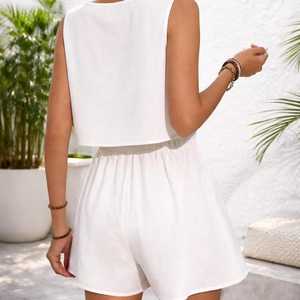 Women's Summer Two <b>Piece</b> Set Sleeveless Crop Top with Bow Waist Shorts <b>White</b> Cotton Casual Loose Fit Tie Dye Printed - Product Image 5