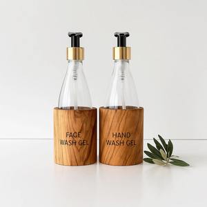 Distributeur de savon en verre élégant avec support en bois, idéal pour le lavage du visage et des mains, organisateur de comptoir de salle de bain, provenance Inde - Product Image 1