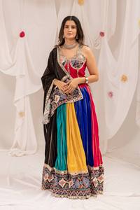 Traditional Indian Wedding Lehenga Set Women's Pure Rayon Colorful Embroidered Floor-Length Skirt with <b>Red</b> <b>Crop</b> <b>Top</b> and Dupatta - Product Image 5