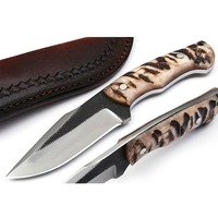 Vente en gros de couteau à lame fixe en acier 7Cr13 manche en corne de bélier couteau de camping EDC de chasse poli avec gaine en cuir