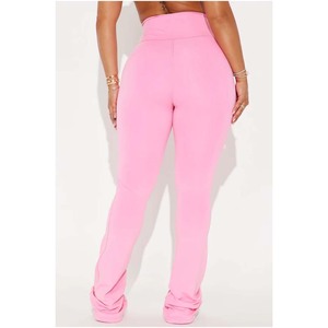 Pink High Waisted Yoga Set Ribbed Crop Top and <b>Flare</b> <b>Leggings</b> 2 Piece Activewear for Gym Fitness - Product Image 3