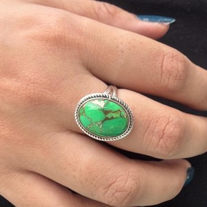 Handmade Green Copper Turquoise Oval <b>Ring</b> 925 Sterling <b>Silver</b> <b>Boho</b> Gemstone Jewelry for Women - Product Image 4