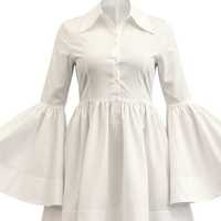 Robe blanche tricotée boutonnée pour femme, longueur genou, manches cloche, ourlet évasé, élégante, décontractée, tenue de boutique tendance, 100% coton, taille haute