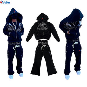 Ensemble de survêtement tendance avec logo personnalisé imprimé, coupe décontractée, orné de strass, pour un usage quotidien, comprenant un sweat à capuche et un pantalon de survêtement brillants. - Product Image 2