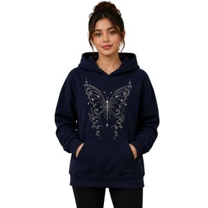 Sweat-shirt à capuche surdimensionné pour femme, personnalisé, bleu marine, avec strass en forme de papillon, en molleton de coton premium, décontracté, pour l'hiver - Product Image 1
