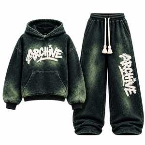 Conjunto de Sudadera con Capucha y Pantalones Deportivos de Poliéster/Algodón de Peso Medio, Transpirable y Ecológico, Azul Lavado, Estilo Hip Hop, Corte Holgado - Product Image 3