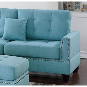 Divano Chaise Longue Reversibile Moderno con Pouf Blu, Set 3 Pezzi in Tessuto Polifibra, Arredamento Soggiorno con Dettagli Trapuntati - Product Image 4