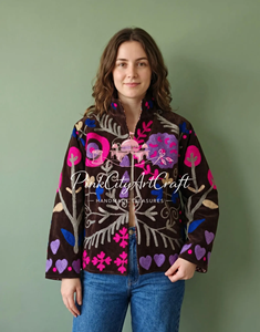 Handcrafted Women Velvet <b>Quilted</b> Jacket Breathable Eco-Friendly Vibrant Rajasthani Suzani Embroidery Full-Zip Winter Bomber Coat - Product Image 3