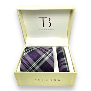 <b>Purple</b> Plaid Embroidered Luxury Polyester <b>Tie</b> for Men Formal Wedding Wear Durable Necktie with Matching Pocket Square - Product Image 3