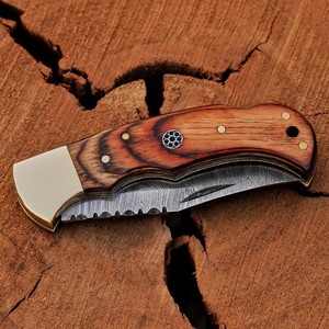 Couteau pliant en acier Damas à succès avec verrouillage arrière, poignée en bois Pakka, fourreau, couteau de poche EDC pour camping, OEM - Product Image 2