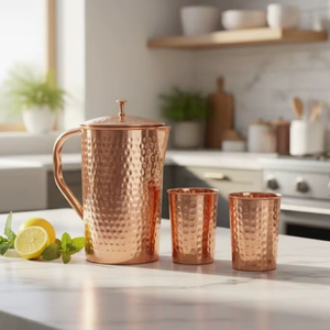 Ensemble de carafes en cuivre pour une routine de bien-être quotidienne améliorée, ensemble en métal avec verres, durable, réutilisable, vaisselle de cuisine et de salle à manger. - Product Image 1