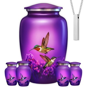AMERICURN Set of 6 Purple Cremation <b>Urns</b> <b>Large</b> Hummingbird 4 Keepsakes 1 Necklace Handcrafted Ceramic OEM ODM Factory - Product Image 1