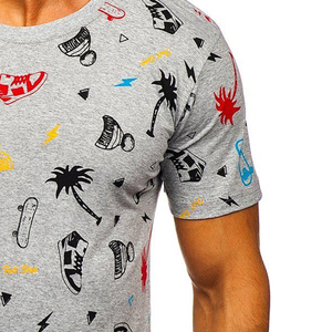 Men's Gray Short Sleeve O-Neck T-<b>Shirt</b> <b>100</b>% Cotton Regular Fit Casual Printed Jersey Knitted With Pattern Design - Product Image 1