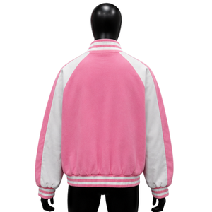 Premium Men's Wool Varsity <b>Jacket</b> Pink and <b>White</b> with Striped Cuffs Luxury Full Zip Design Classic Unisex <b>White</b> Boxy Fit Stylish - Product Image 2