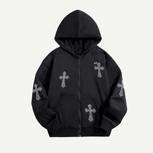 Sweat-shirts à capuche en molleton de coton noir à motif croix en strass pour hommes, fabrication de vêtements en gros avec logo personnalisé - Product Image 6