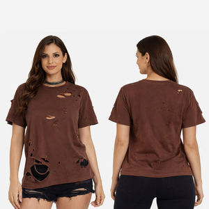 Camiseta de Moda para Mujer, Color Marrón, Estilo Desgastado y Rasgado, Manga Corta, Cuello Redondo, Estilo Vintage, Streetwear - Product Image 3