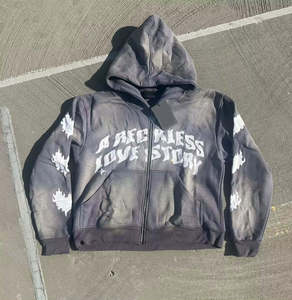 Custom Oversized Full Zip Hoodie 100% Cotton Heavyweight Fleece Puff Print Flame Graphic Streetwear Zip Up Hoodies for Men Women - Product Image 2
