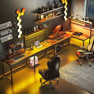 61.6\" Rustic Brown L-Shaped <b>PC</b> Desk with LED Lights Power Outlets Monitor <b>Stand</b> CPU Shelf for Gaming - Product Image 2