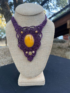 Handmade Purple Macrame <b>Necklace</b> Yellow Oval Gemstone Pendant Boho Tribal <b>Statement</b> Jewelry Adjustable Cord Artisan Gift Women - Product Image 4