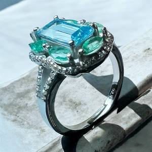 Natural Blue Topaz <b>Emerald</b> Gemstone with Round Brilliant Cut Diamond 925 Sterling <b>Silver</b> Rhodium Plated Minimalist Cocktail <b>Ring</b> - Product Image 6