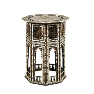 Table d'appoint hexagonale en bois de style maure marocain, fabriquée à la main, avec incrustations en laiton, meuble d'appoint vintage pour la maison et le salon - Product Image 4