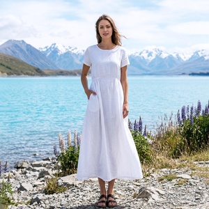 Vestido Midi Vintage 100% Algodón para Mujer, Talla Grande, Estilo Casual, Línea A, Verano, Cintura Plisada con Bolsillos, Nueva Llegada 2026 - Product Image 1