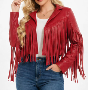 Chaqueta de cuero roja con flecos para mujer, estilo motociclista, cuello vuelto, manga larga, estilo occidental, para otoño - Product Image 3