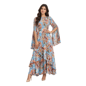 Robe longue pour femme à imprimé floral en mousseline de soie, coupe trapèze, manches lanternes, col rond, ourlet superposé, idéale pour les fêtes décontractées printemps/été - Product Image 4