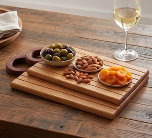 Planches à découper en bois avec poignée ronde foncée, ensemble de planches à découper rectangulaires rayées pour la cuisine - Product Image 4