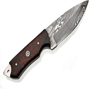 Cuchillo de hoja fija de acero de Damasco, punta caída, filo recto, mango de madera, estilo Bowie, para camping al aire libre, OEM - Product Image 4
