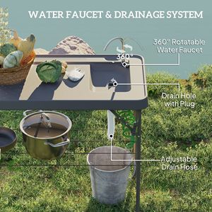 โต๊ะพับสีเทาแบบพกพาสำหรับทำความสะอาดปลา พร้อมอ่างล้างจาน ก๊อกน้ำ ท่อระบายน้ำ ชั้นวางของ และหัวฉีดสเปรย์ สำหรับการตั้งแคมป์ - Product Image 3