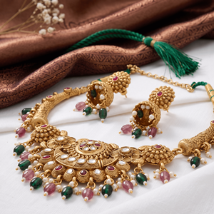 Ensemble collier ras-de-cou et boucles d'oreilles Jhumka et Maang Tikka en cuivre plaqué or antique, style traditionnel et tendance, pour femme - Product Image 3