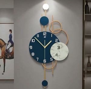 Modern Geometric <b>Wall</b> <b>Clock</b> Analog Quartz <b>Silent</b> Design Navy Blue and Gold Metal Hanging for Living Room - Product Image 2