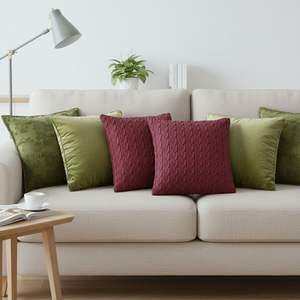 SOGA 6-Piece Pillowcase Set Olive Green and Deep Red Velvet and Cable Knit Decorative Covers Textured <b>Throw</b> <b>Pillows</b> - Product Image 2