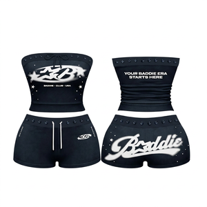 Ensemble 2 pièces marron et rose pour femme, short moulant au genou et haut bustier imprimé strass, style Baddie Club USA, sportif, décontracté et écoresponsable - Product Image 3