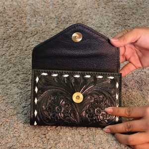 Florals Carved Hand Tooled On 100% Genuine Leather ATM Card Holder Case Square Credit Card Holder Case Cute <b>Small</b> Mini Card Case - Product Image 4