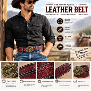 <b>Vintage</b> Western Leather <b>Belt</b> With Elk Buckle Geometric Pattern Red Buffalo Hide Casual Style Alloy Plate Buckle Durable - Product Image 2