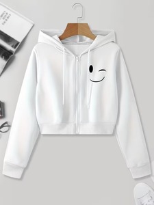 Haut court à cordon de serrage pour femme, sweat à capuche court zippé, chemisier à manches longues col rond, sweat à capuche court tricoté respirant OEM pour l'automne - Product Image 1