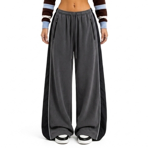 Women's Lightweight 100% Cotton Mid Waist Wide Leg <b>Trousers</b> Elastic Drawstring Casual Loose Fit Sweatpants <b>Zip</b> Pockets <b>Side</b> - Product Image 1