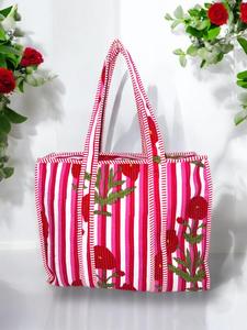 กระเป๋าโท้ทผ้าควิลท์คันธา 100% ผ้าฝ้าย พับได้ ลายเรขาคณิต ทำมือ สะพายไหล่ เป็นมิตรกับสิ่งแวดล้อม ใช้ซ้ำได้ สำหรับช้อปปิ้งหรือไปทะเล - Product Image 5