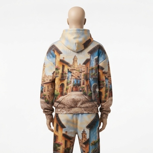 Conjunto de Chándal para Hombre con Sudadera con Cremallera y Estampado Urbano y Pantalones de Pierna Ancha, en Beige, Azul y Marrón, Estilo Urbano Personalizado - Product Image 4