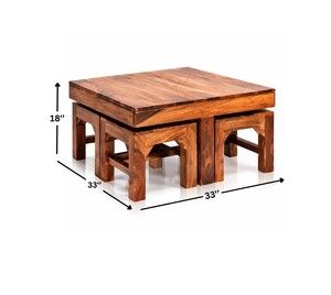 Table basse en bois massif artisanale |   Table basse en bois gain de place avec 4 tabourets |   Ensemble de table basse 5 pièces - Product Image 4