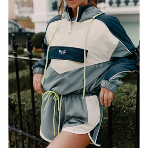 Women's Color Block Hooded Windbreaker Shorts Set Lightweight Running Tracksuit Custom Summer Designer Windbreaker Set Supplier - Product Image 5