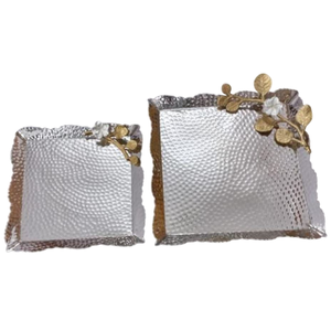 Vintage Square Shape <b>Snacks</b> Dessert Serving <b>Tray</b> Deluxe Quality Hammered Metal <b>Tray</b> With Floral Accent For Tableware Accessories - Product Image 1