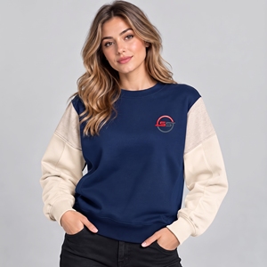 Sweat-shirt pour femme de qualité supérieure, bleu marine, col rond, manches beiges, logo brodé, vêtement décontracté pour l'automne - Product Image 1