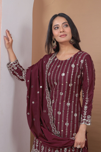 Glamorous <b>Sequin</b> Embroidery Crepe <b>Flared</b> Plazo Set With Dupatta Indian Festive Wear Three Piece Salwar Suit For Women - Product Image 4