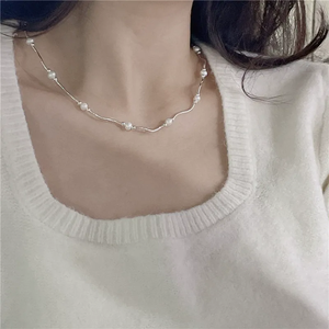 Collier et bracelet en argent sterling S925, style coréen vintage, faits à la main, avec perles d'eau douce courbées, design coréen, pour la clavicule - Product Image 4