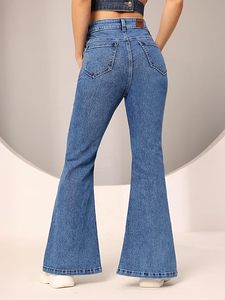Jean bootcut taille haute pour femme, délavage foncé, avec détail de panneau fendu à carreaux - Product Image 3